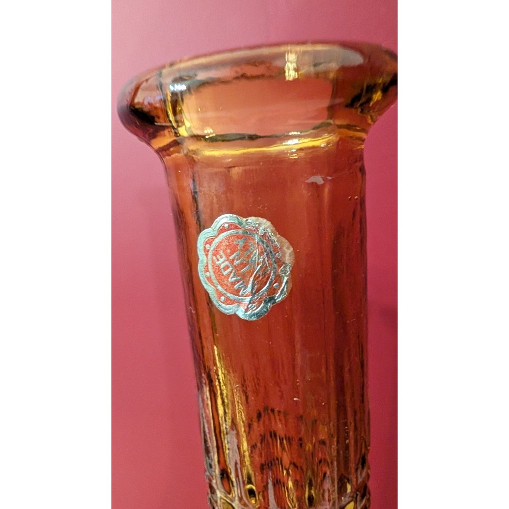2 Vintage MCM Empoli Amber Diamond Point Glass Genie Bottle Decanter 22" Italy - Picture 14 of 16